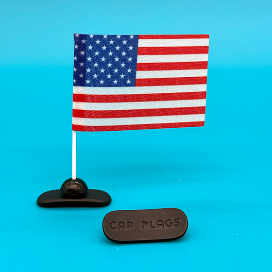 USA flag CapFlag with mounting base shown separately on blue background