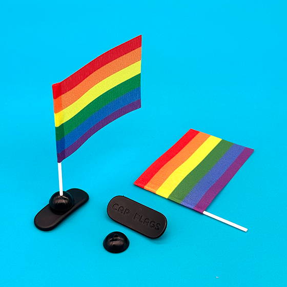 CapFlags Rainbow Flag with mounting base components shown separately on blue background