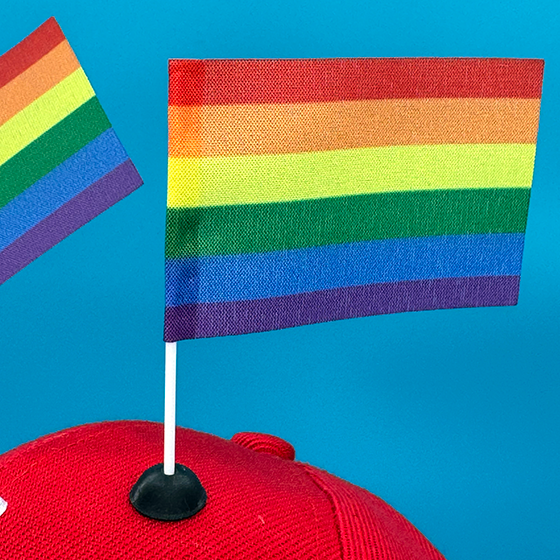 Red baseball cap featuring two rainbow CapFlags installed, shown from the side against blue background