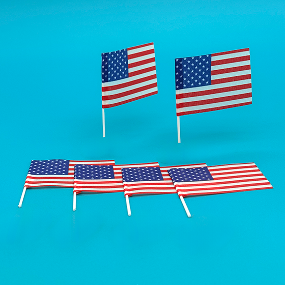 Six USA flags displayed on bright blue background.