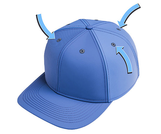 Blue baseball cap showing ventilation holes marked for CapFlags installation