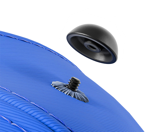 Side view of a blue cap with CapFlags mount threaded post sticking through ventilation hole