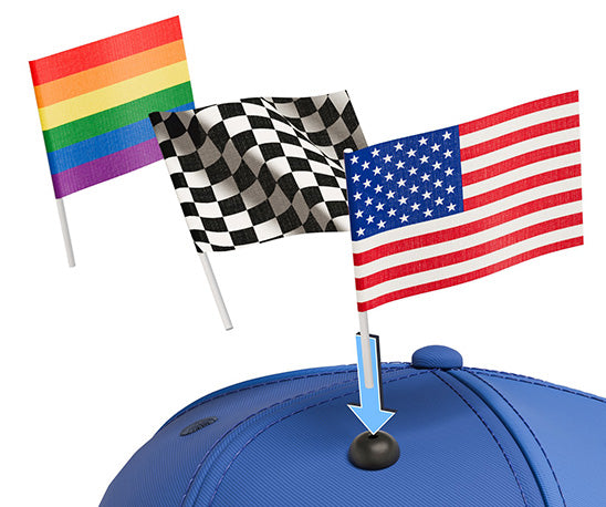 Blue baseball cap with Rainbow, Checkered Race, or USA Flags ready to be installed, demonstrating installation