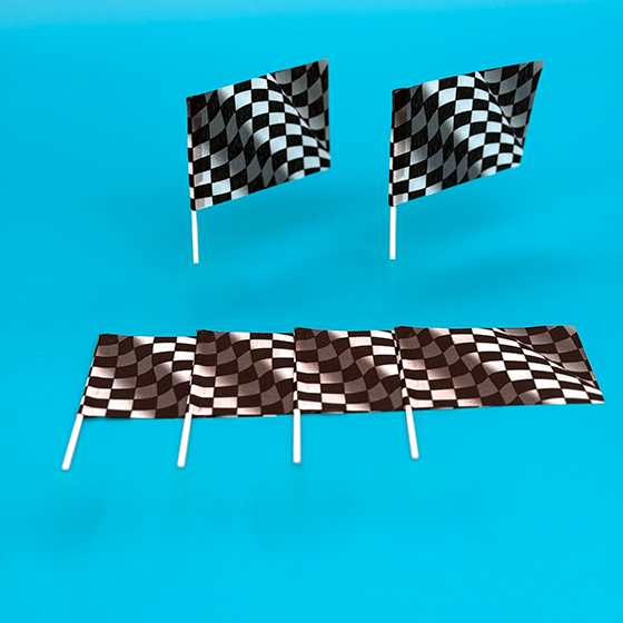 Six checkered racing flags displayed on bright blue background.