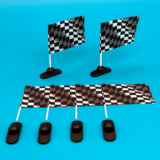 Six CapFlags checkered flag accessories displayed with black mounting bases on blue background