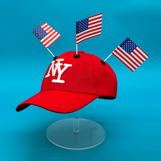 Red NY baseball cap with three CapFlags installed