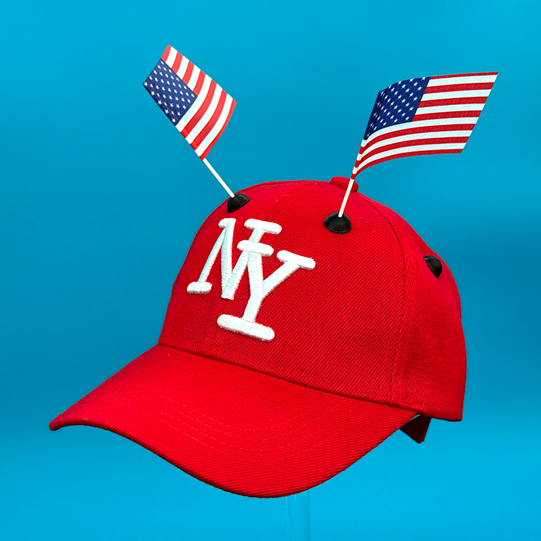 Side view of Red NY baseball cap with two CapFlags installed